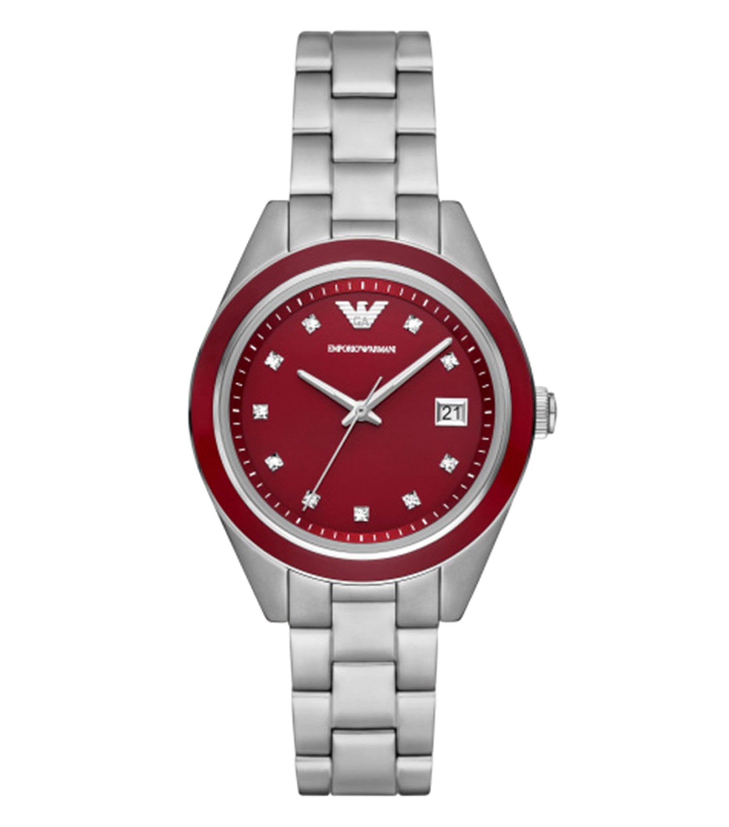 Elegant Emporio Armani watch in classic Leo color, showcased at a slanted angle, highlighting the luxuriously detailed design.