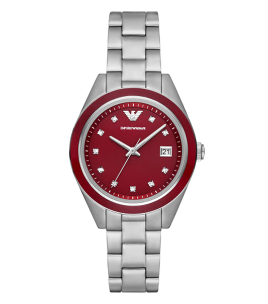 Elegant Emporio Armani watch in classic Leo color, showcased at a slanted angle, highlighting the luxuriously detailed design.