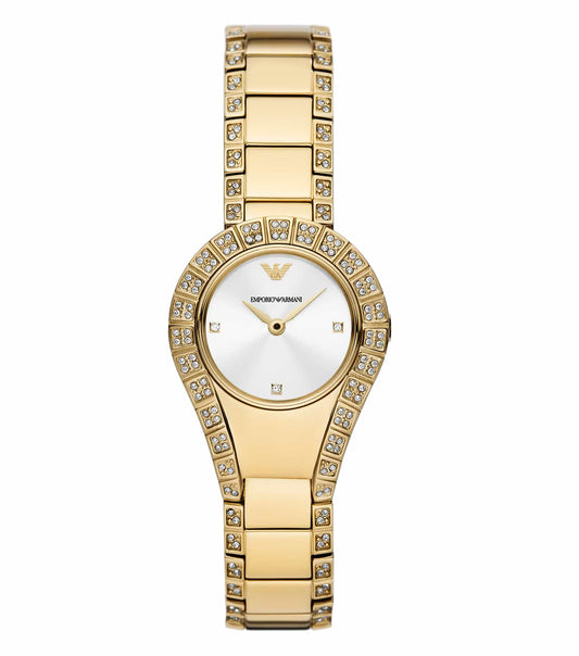 Emporio Armani watch, Neva color, side angle; sleek design with rose gold accents, showcasing elegant style and craftsmanship.