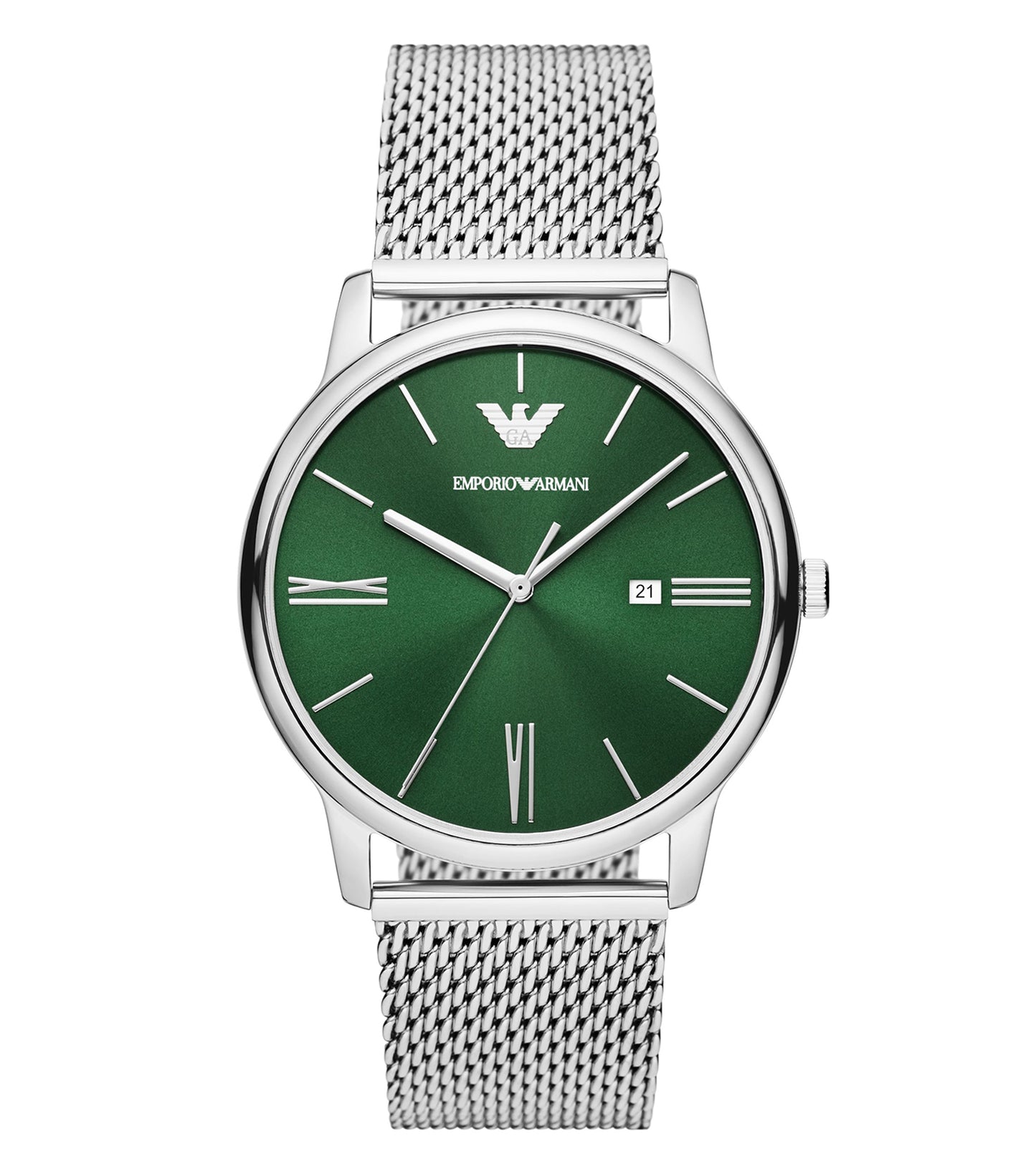 Elegant Emporio Armani silver watch with distinctive design, angled slightly to view face details; a timeless accessory.