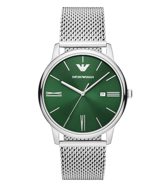 Elegant Emporio Armani silver watch with distinctive design, angled slightly to view face details; a timeless accessory.