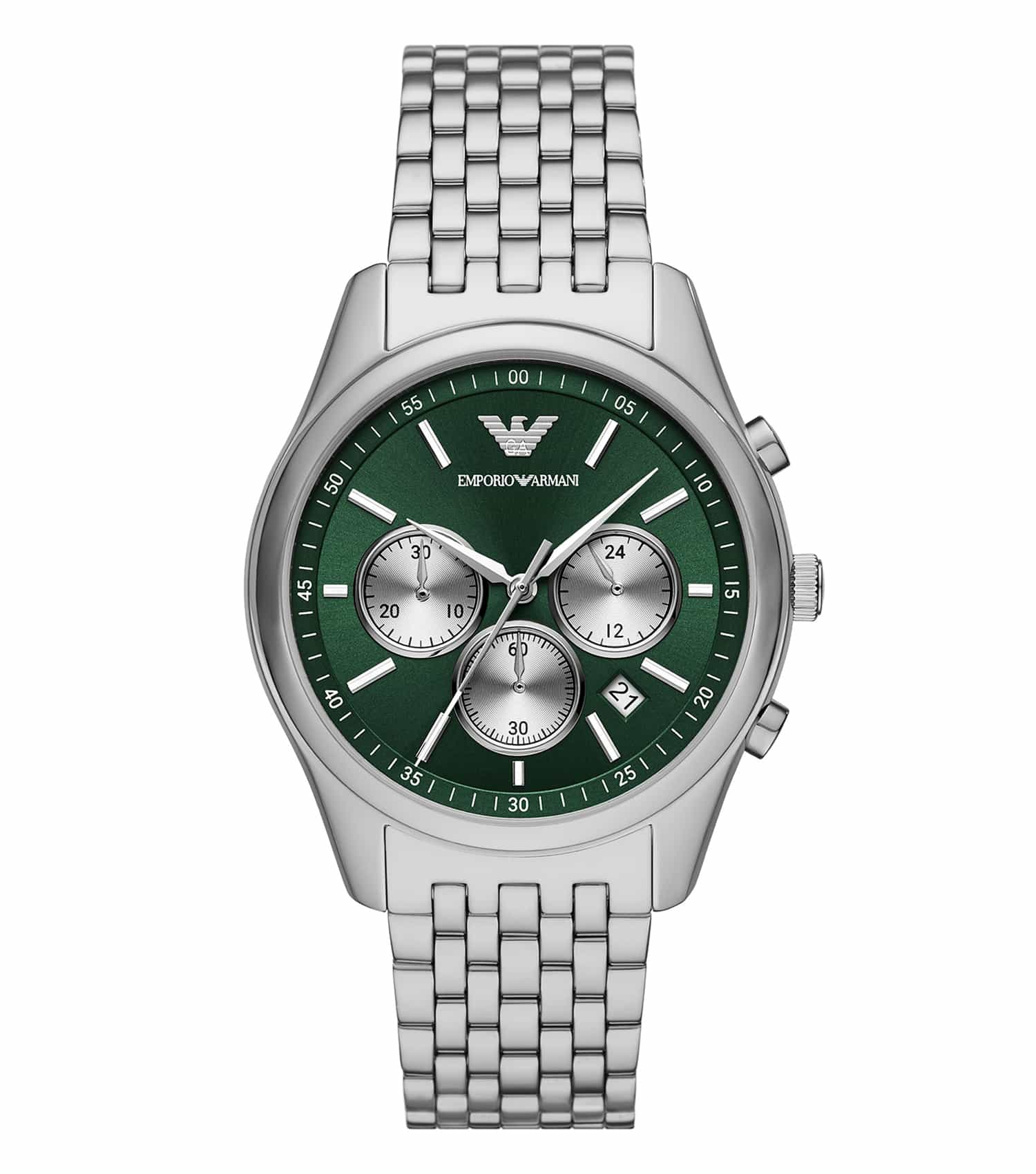 Emporio Armani quartz color watch showcasing a sleek design, frontal angle; elegant, polished trim, luxury timepiece.