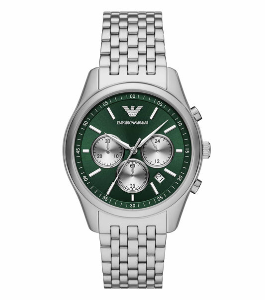 Emporio Armani quartz color watch showcasing a sleek design, frontal angle; elegant, polished trim, luxury timepiece.