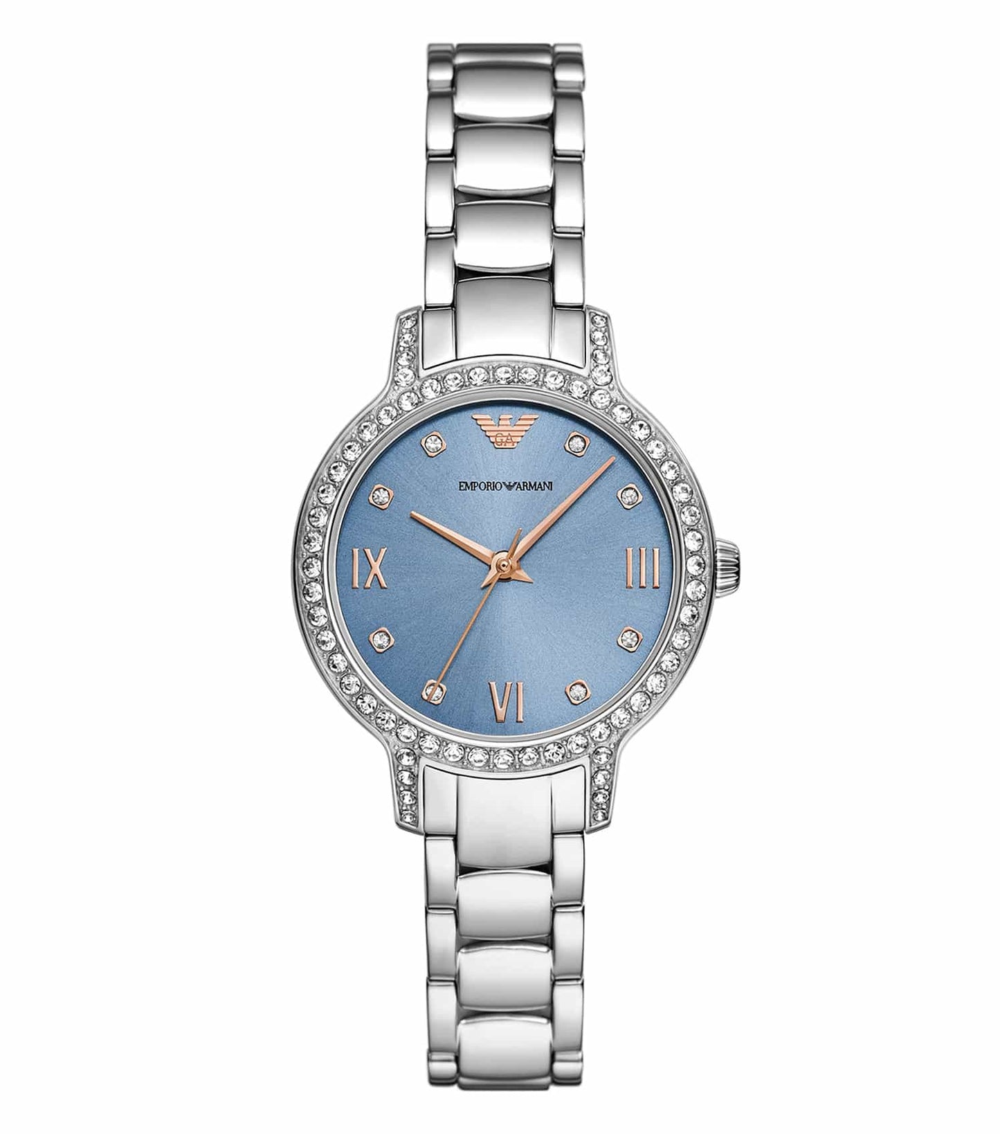Silver Emporio Armani watch with a sleek round dial, side view displaying elegant design and craftsmanship in luxury timepieces.