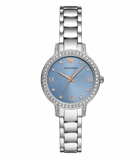 Silver Emporio Armani watch with a sleek round dial, side view displaying elegant design and craftsmanship in luxury timepieces.