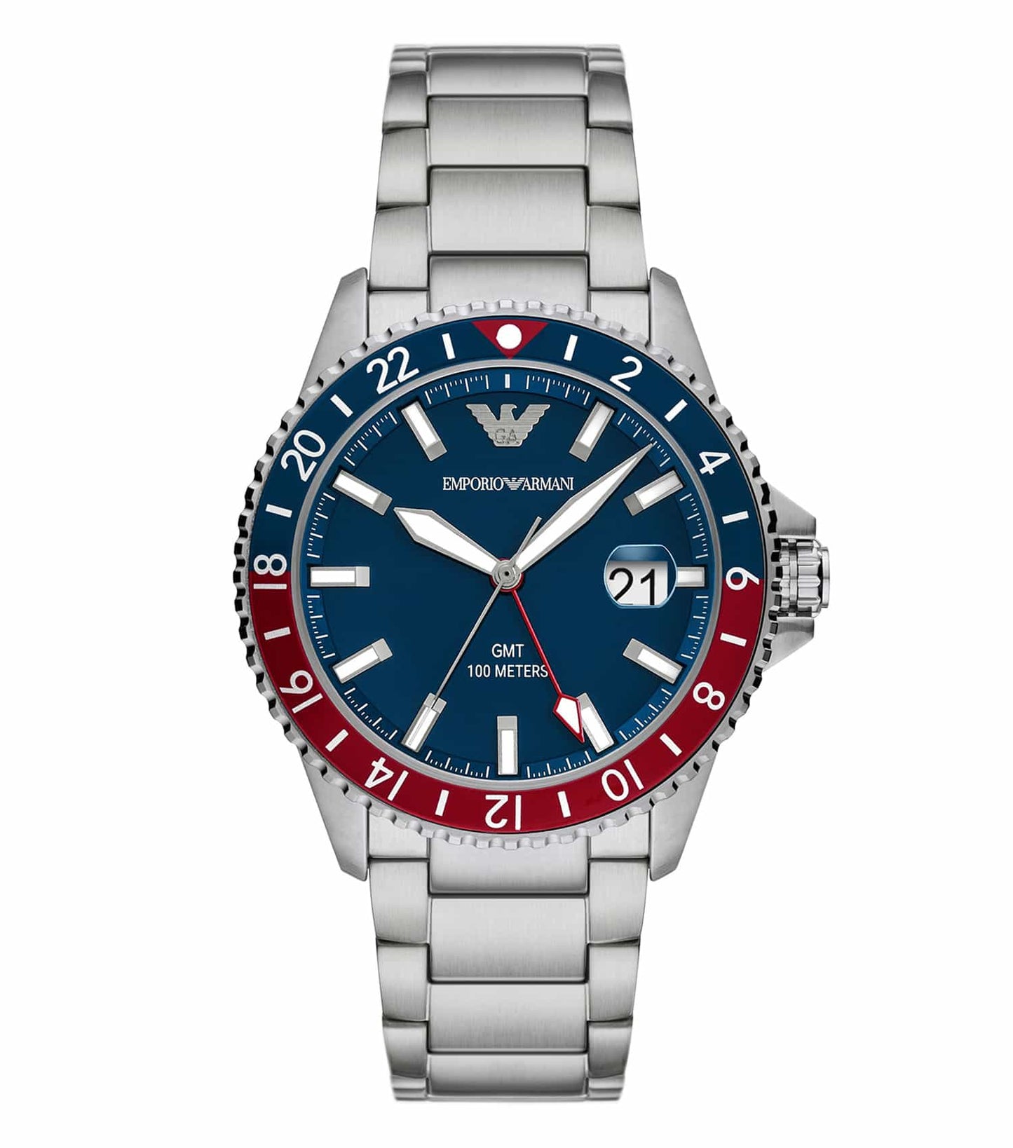 Emporio Armani black watch front view, minimalist design with silver accents, sleek dial, and classic elegance.