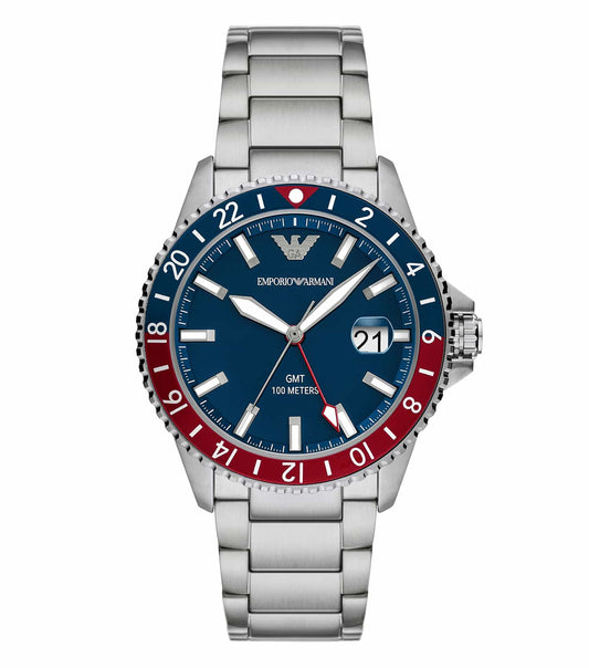Emporio Armani black watch front view, minimalist design with silver accents, sleek dial, and classic elegance.