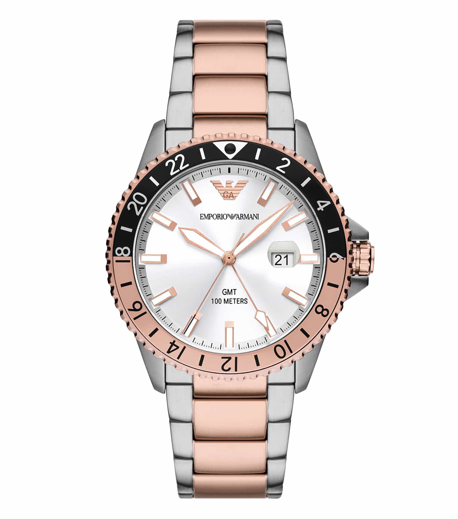 Emporio Armani watch in classic silver with a sleek black dial, displayed at a dynamic angle showcasing elegance and style.