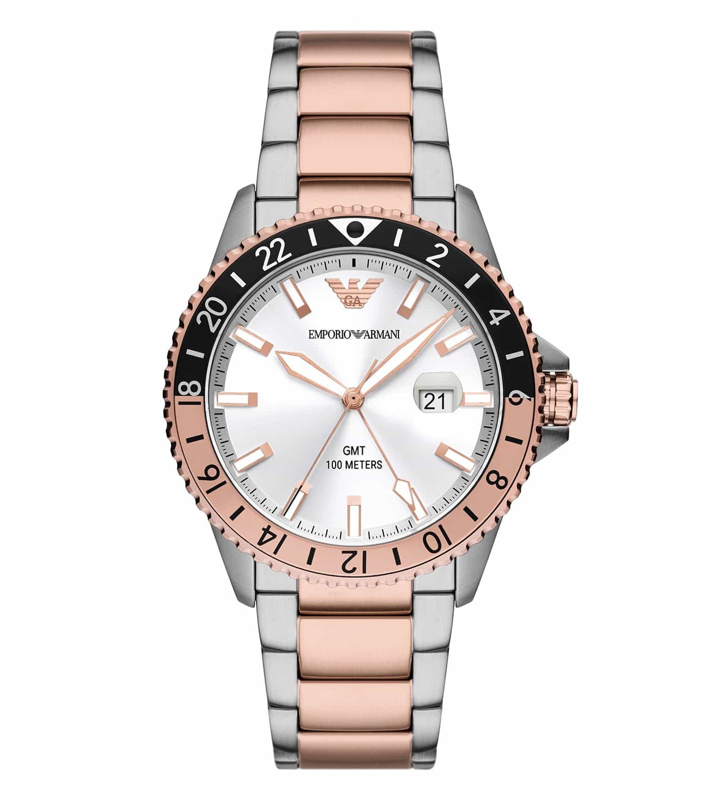 Emporio Armani watch in classic silver with a sleek black dial, displayed at a dynamic angle showcasing elegance and style.