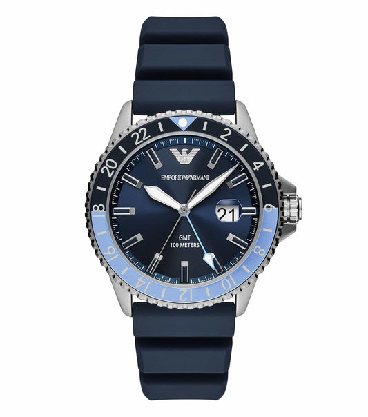Emporio Armani blue watch AR11592, angled slightly left, featuring a sleek dial and stainless steel bracelet, epitome of elegance.