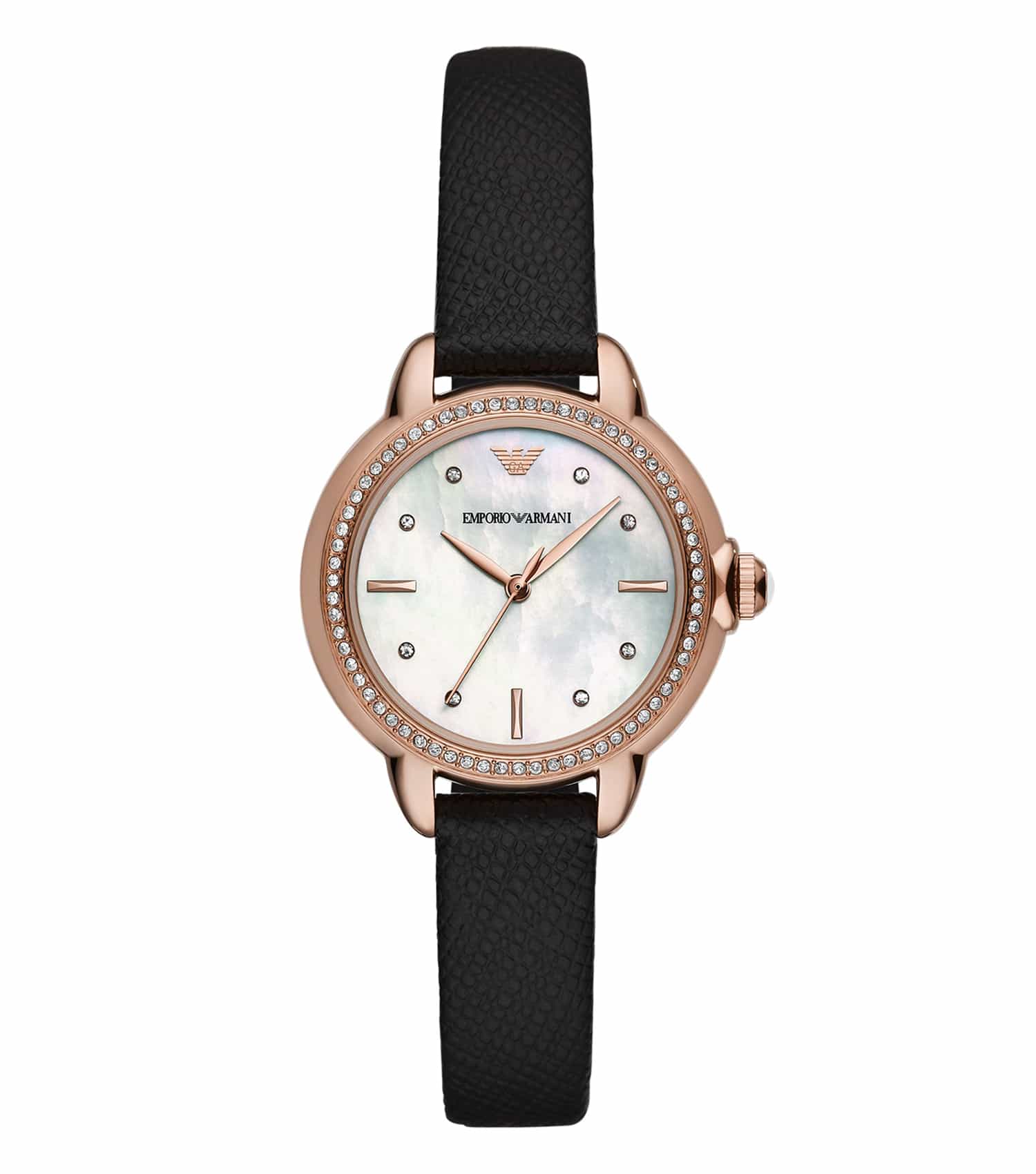 Emporio Armani quartz watch in soft quartz color, showcasing round face and smooth strap, angled slightly to the left.