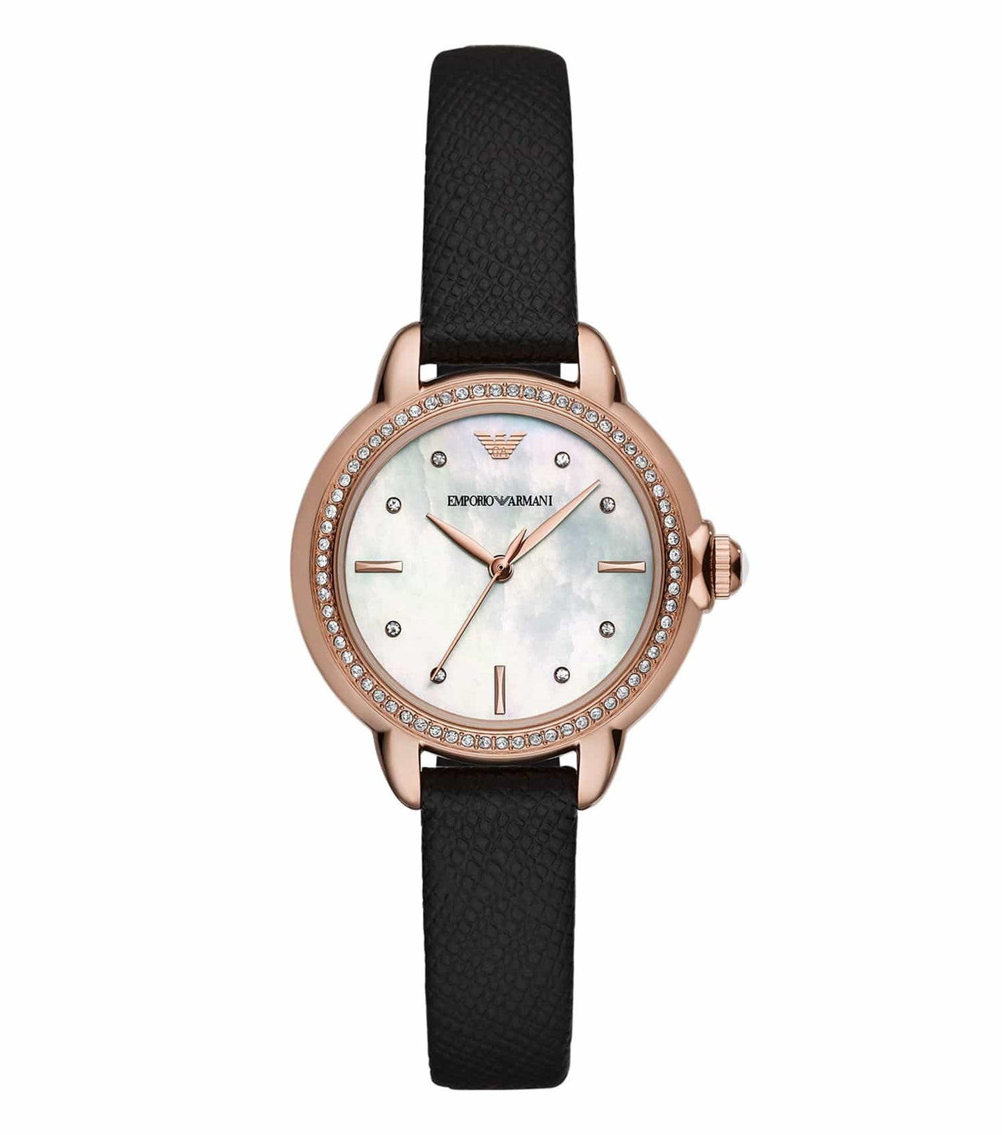 Emporio Armani quartz watch in soft quartz color, showcasing round face and smooth strap, angled slightly to the left.