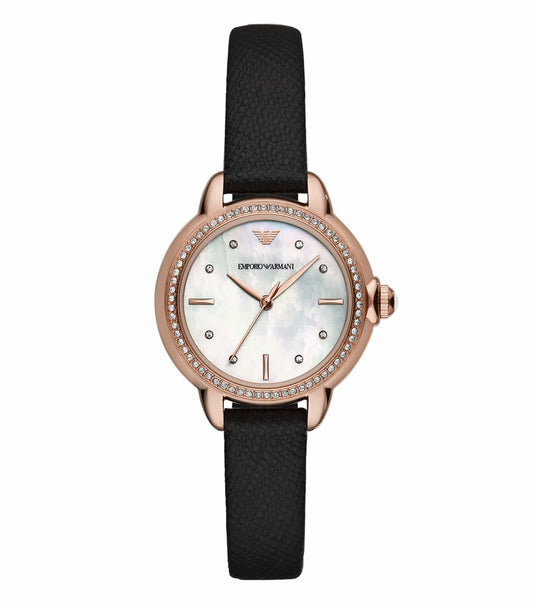 Emporio Armani quartz watch in soft quartz color, showcasing round face and smooth strap, angled slightly to the left.