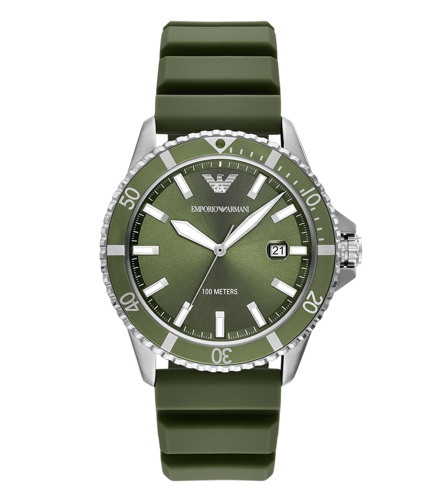 Emporio Armani quartz watch in a luxurious light brown tone, displayed face-up at a stylish angle, showcasing elegance.