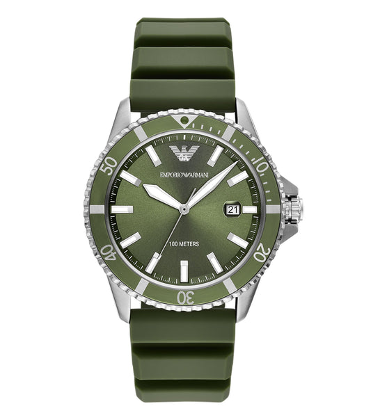 Emporio Armani quartz watch in a luxurious light brown tone, displayed face-up at a stylish angle, showcasing elegance.