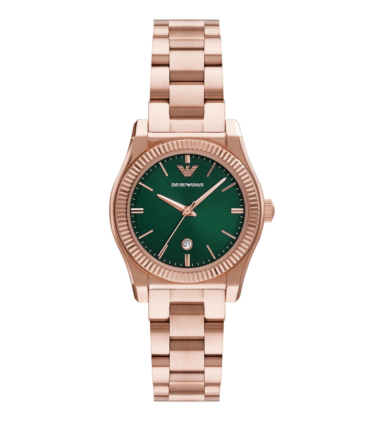 Emporio Armani quartz watch with gold accents, displayed at a slightly tilted angle on a sleek surface, exuding luxury.