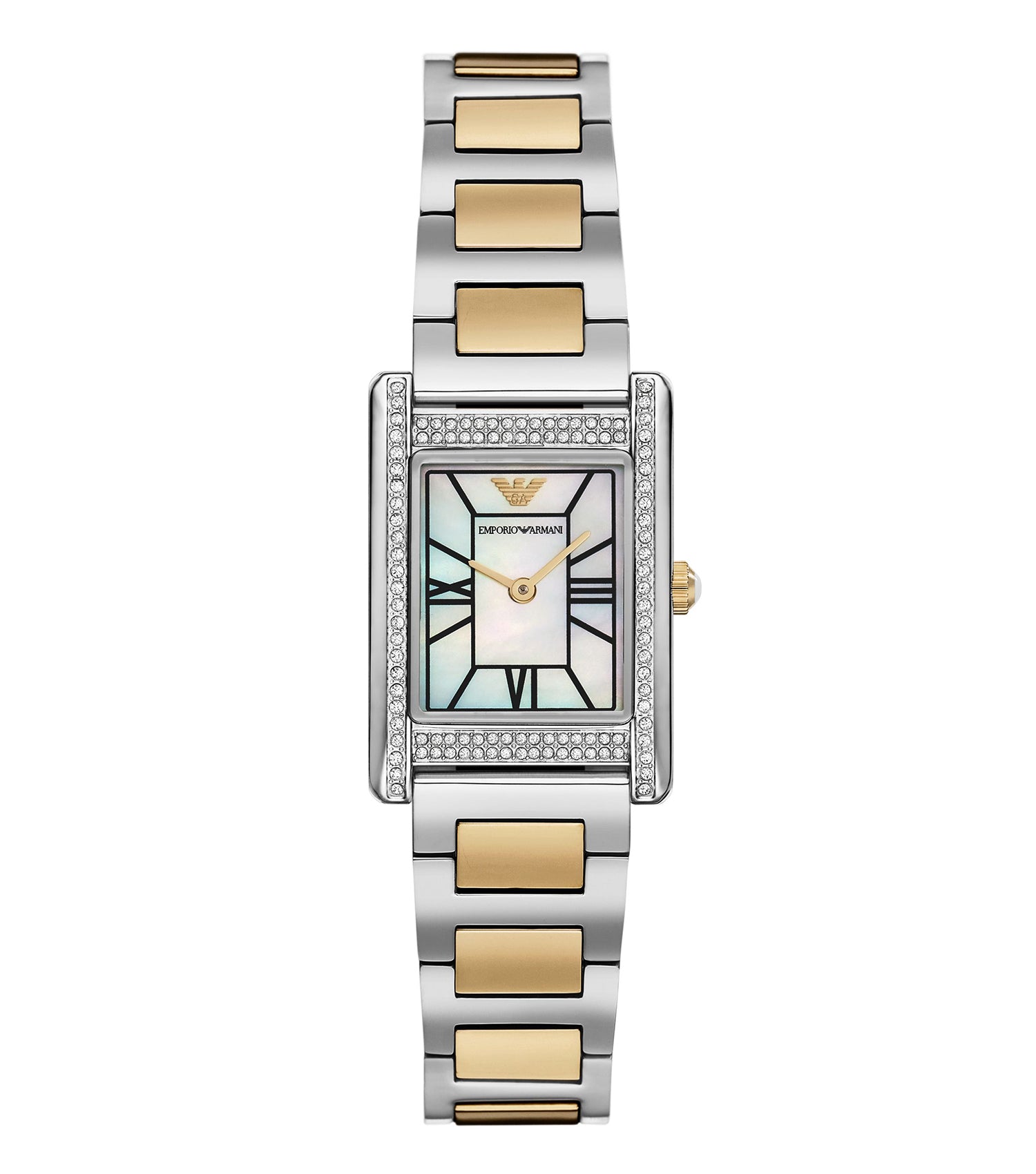 Emporio Armani elegant men's watch in classic black, angled slightly to showcase its intricate design against a neutral background.