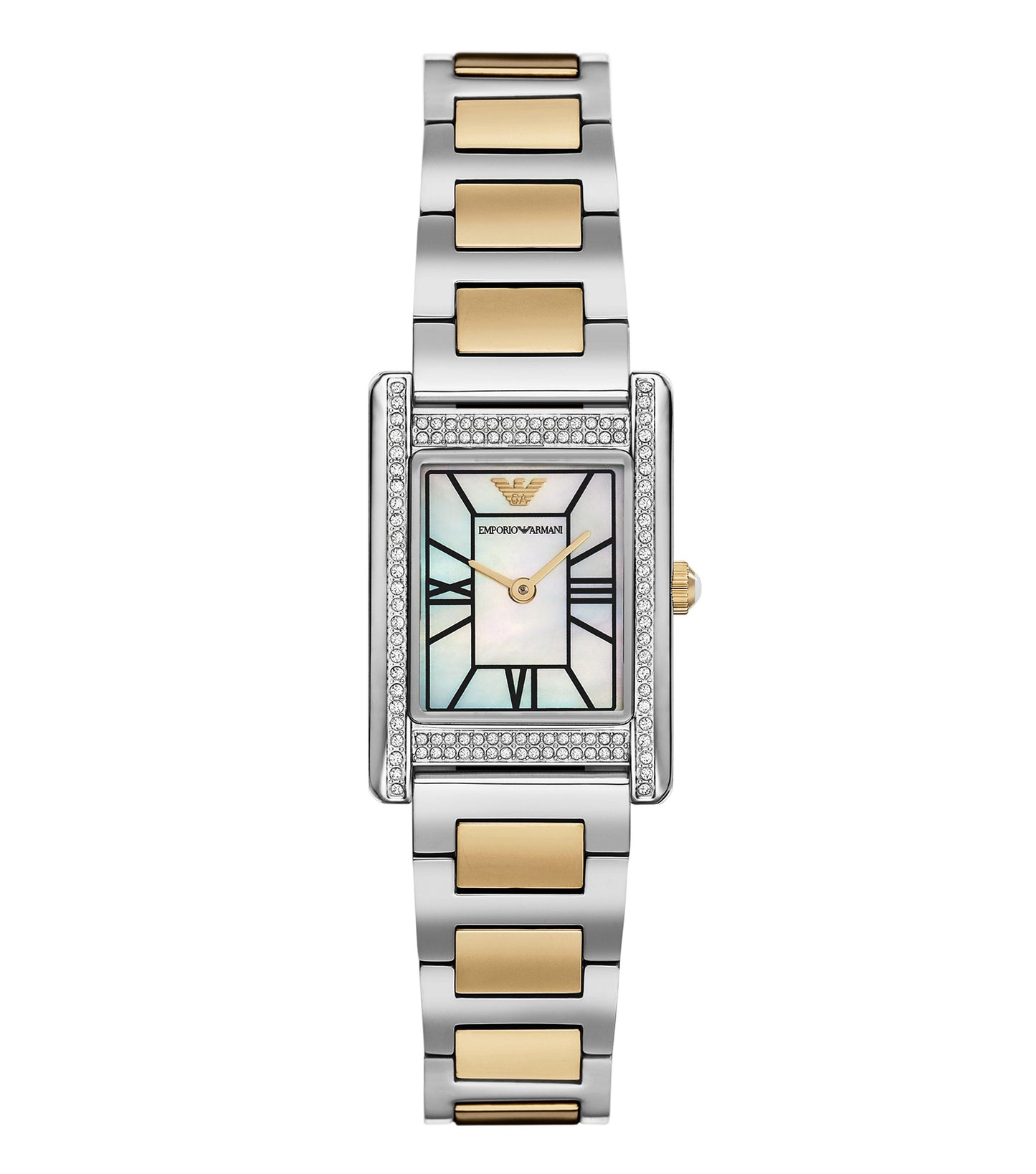 Emporio Armani elegant men's watch in classic black, angled slightly to showcase its intricate design against a neutral background.