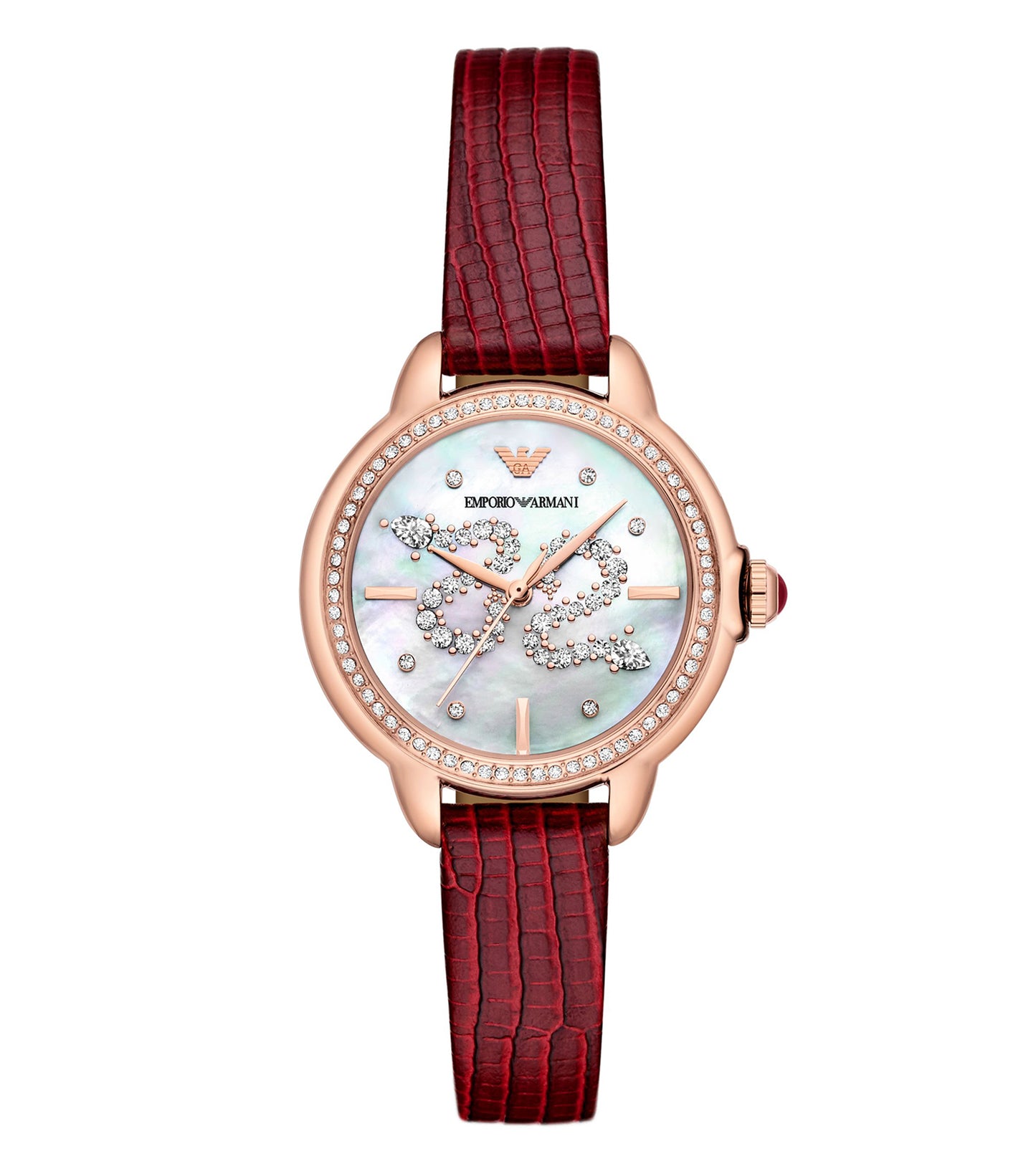 Elegant Emporio Armani quartz watch featuring a rose gold-tone finish, side profile showcasing its sleek design and luxury appeal.