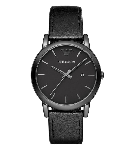 Emporio Armani watch with Luigi-colored strap, elegant dial, seen at a 41-degree angle, showcasing timeless craftsmanship.