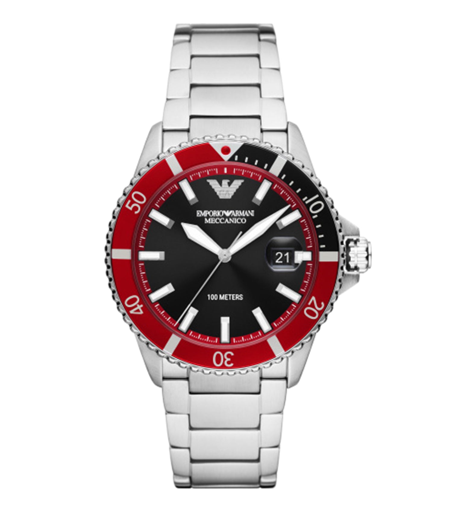 Emporio Armani watch, silver-tone, showcasing a detailed round dial, minimalistic design, angled from the front showing sleek elegance.