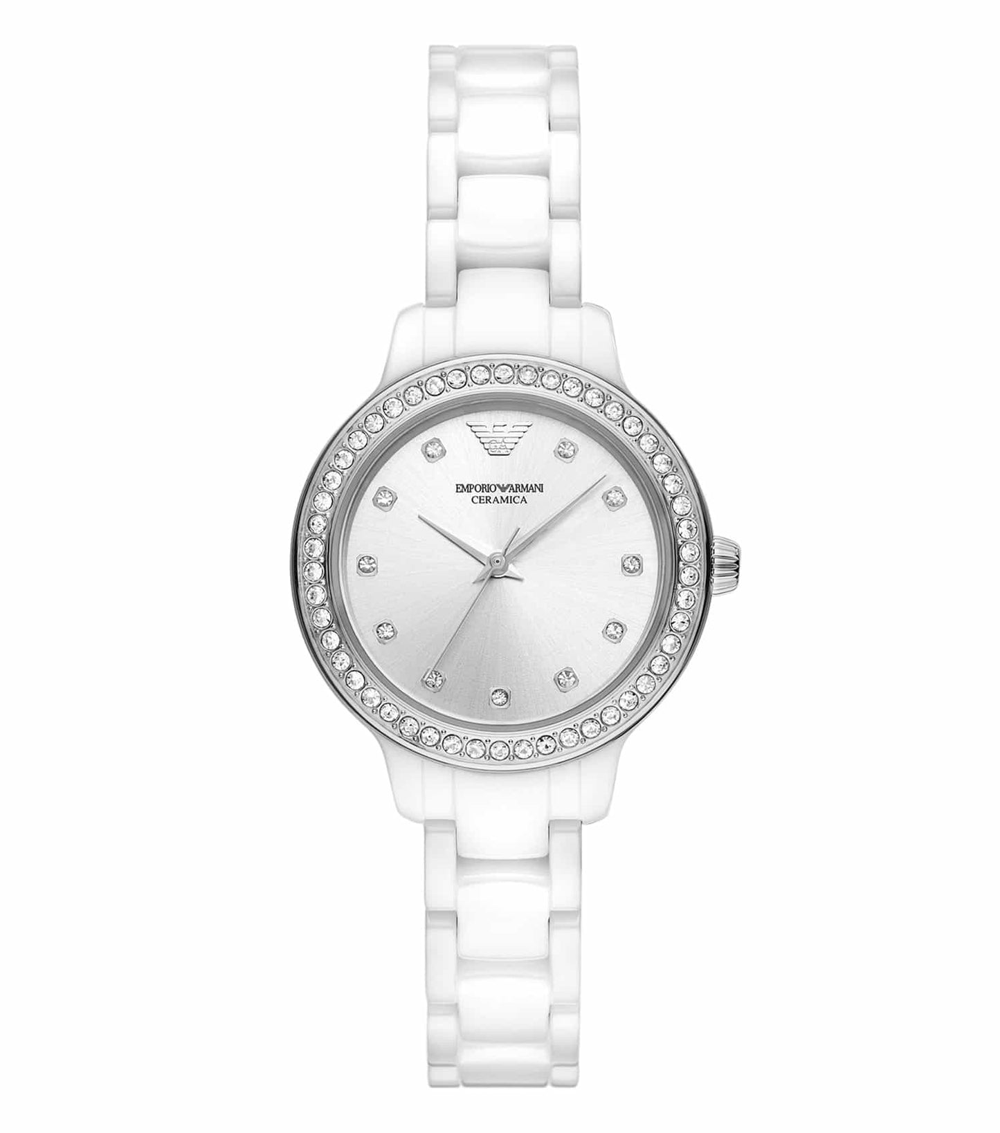 Emporio Armani white watch with elegant silver accents displayed in a sleek, angled side view highlighting its sophisticated design.