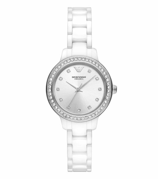 Emporio Armani white watch with elegant silver accents displayed in a sleek, angled side view highlighting its sophisticated design.