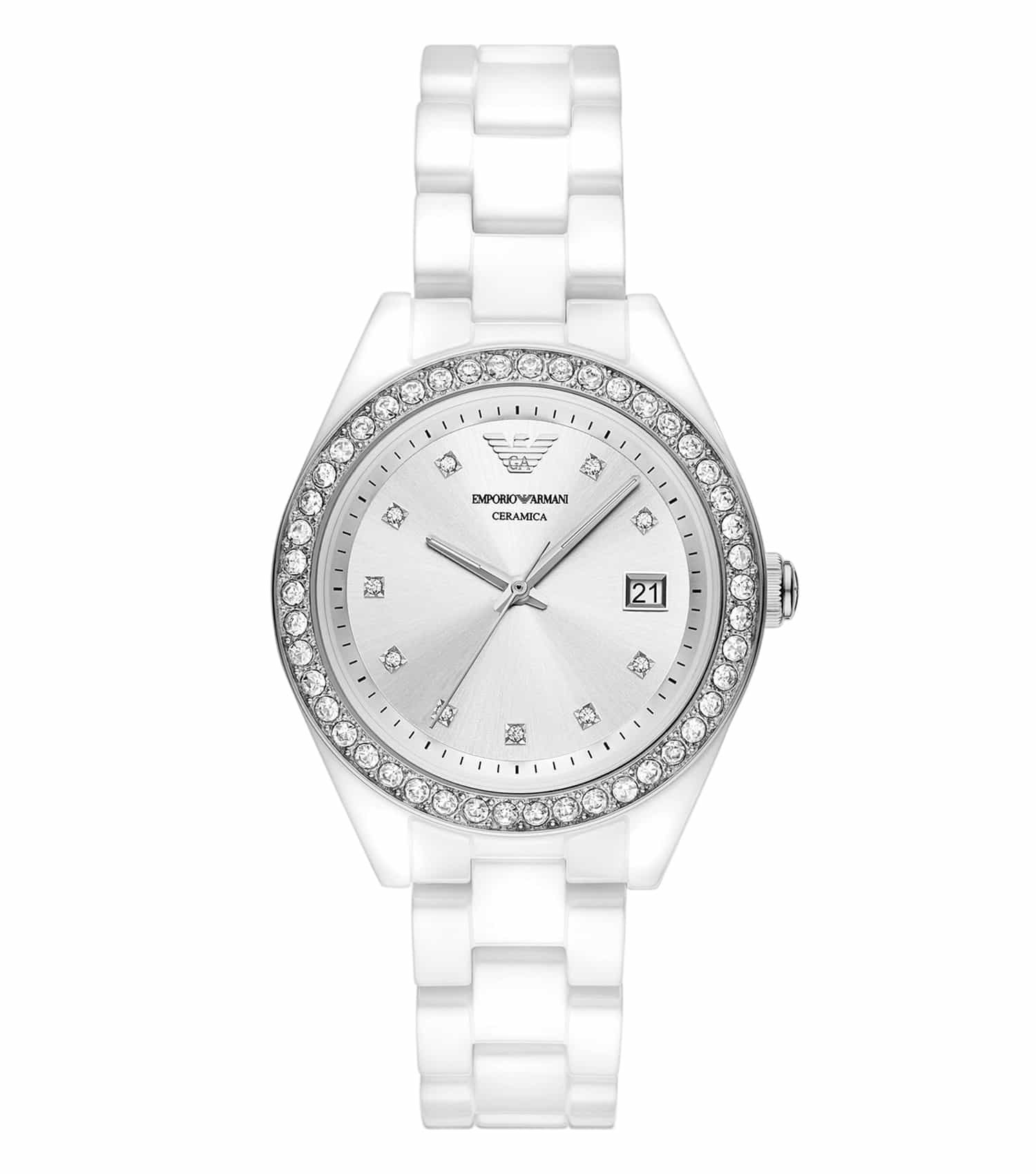 Emporio Armani Leo color watch, featuring a classic round dial and sleek black strap, showcased in a slightly angled side view.