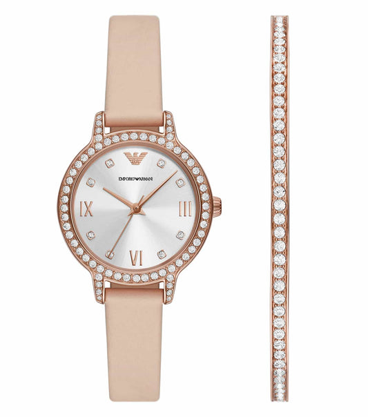 Emporio Armani beige watch, AR80069SET, angled display, elegant design, beige strap and dial, luxury men's timepiece.