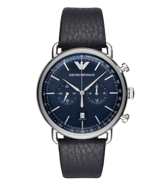 Emporio Armani watch in stainless steel, featuring a black dial and silver hands, displayed at a 45-degree angle for stylish elegance.