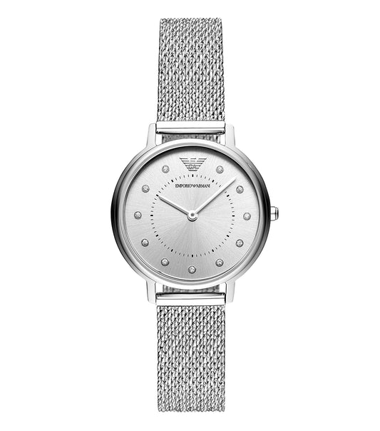 Emporio Armani watch, elegant with a black round dial, silver-tone hands, stainless steel case, front angle view, timeless design