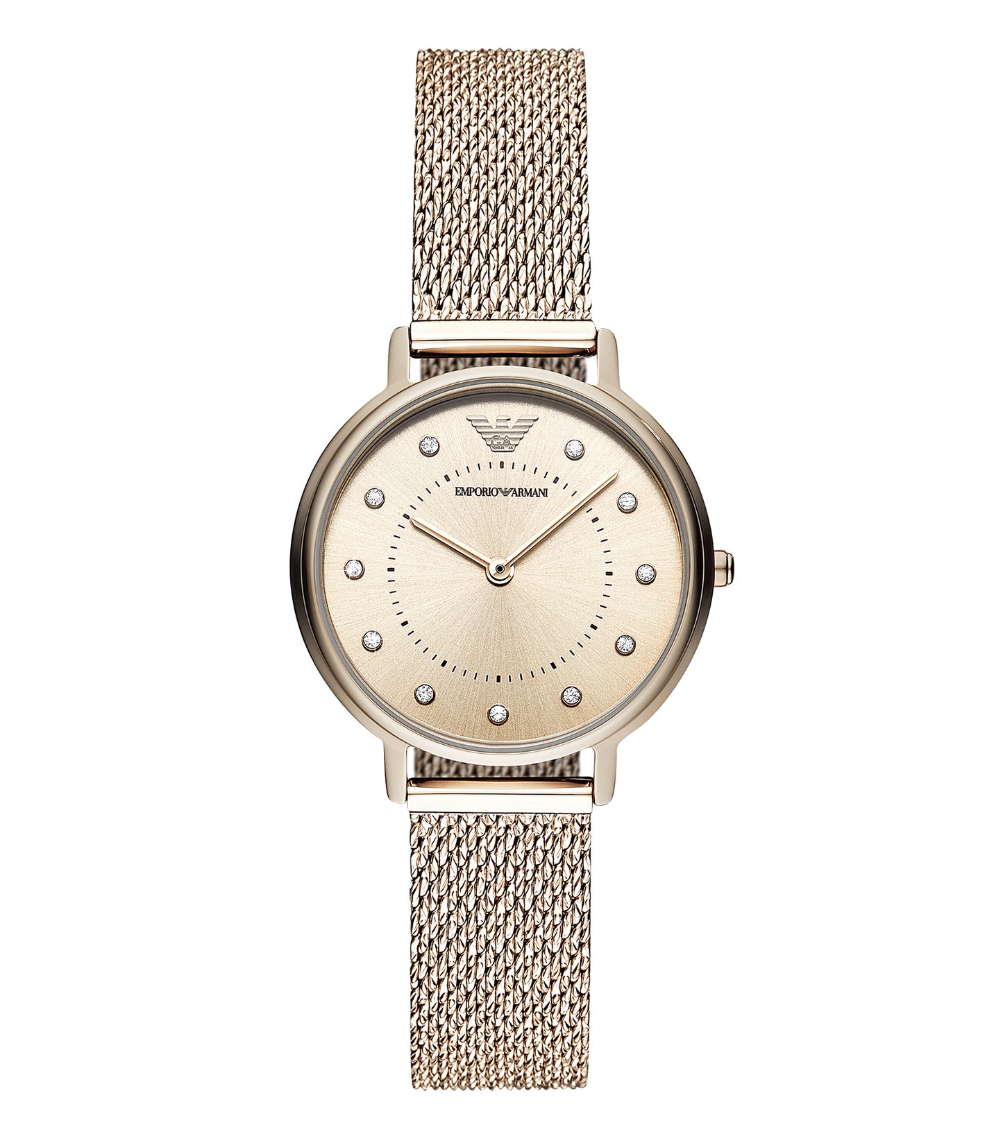 Emporio Armani watch in a classic silver color, captured at an elegant side angle, showcasing its sleek design and minimalist face.