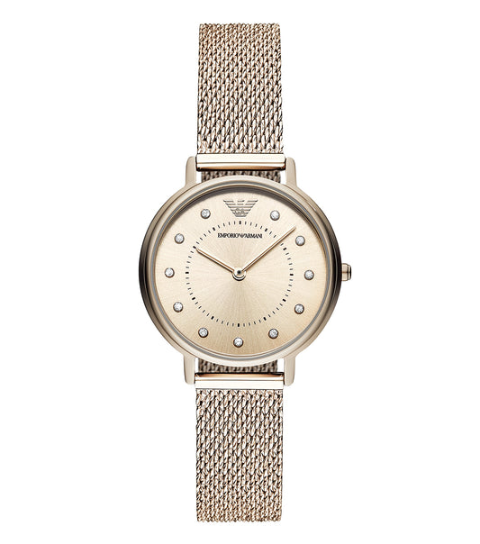Emporio Armani watch in a classic silver color, captured at an elegant side angle, showcasing its sleek design and minimalist face.