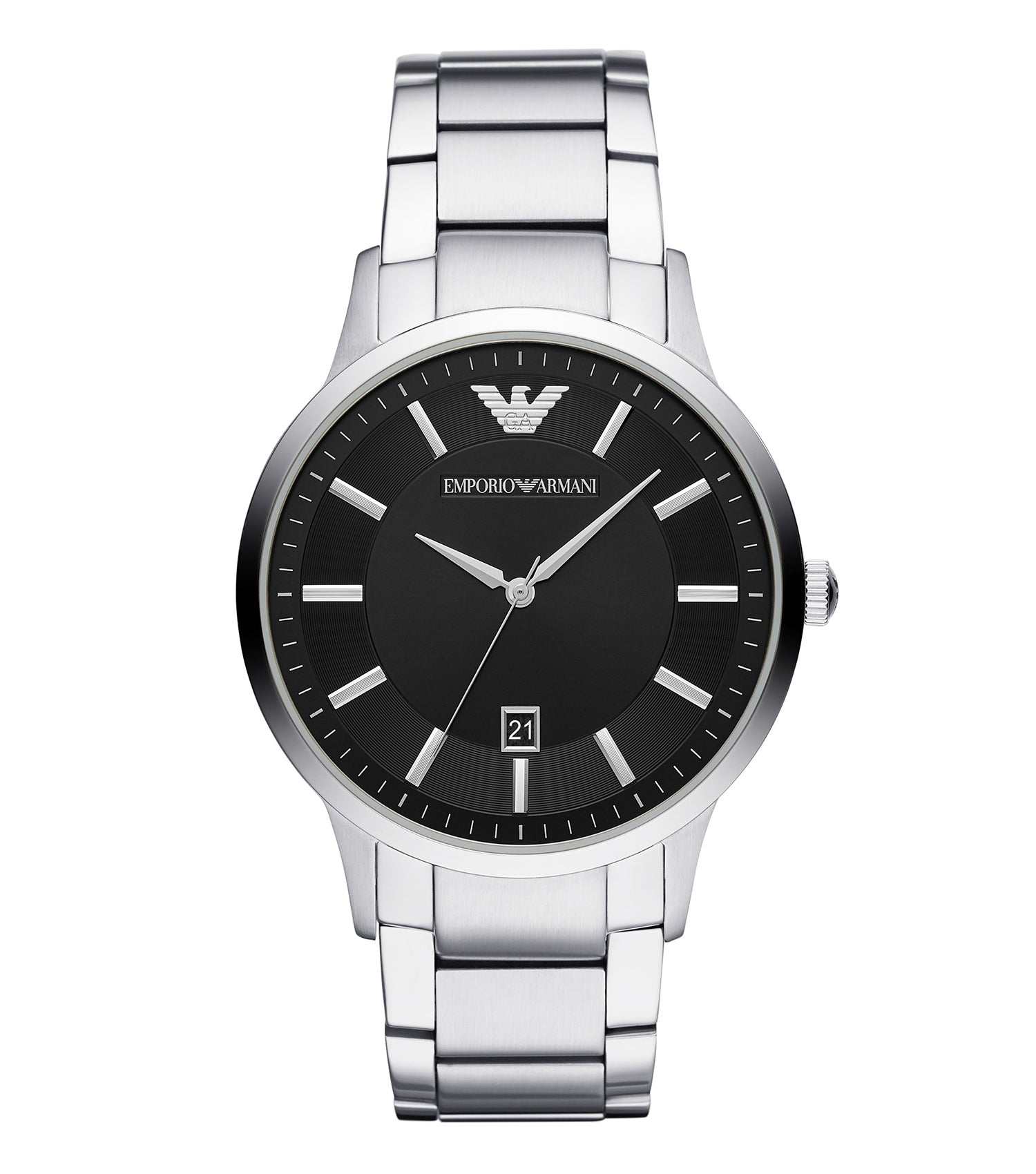 Emporio Armani men's watch in classic silver tone, showcasing a 43-degree angle, sleek design with minimalist dial and metal bracelet.