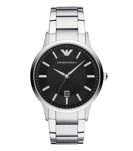 Emporio Armani men's watch in classic silver tone, showcasing a 43-degree angle, sleek design with minimalist dial and metal bracelet.