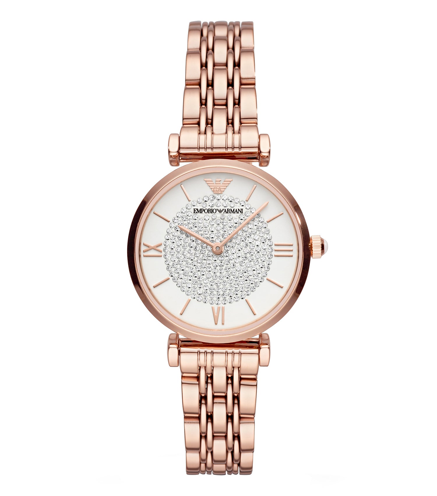 Emporio Armani monochrome watch, AR11244, face view showcasing elegant design, refined classic dial, and luxe streamline band.