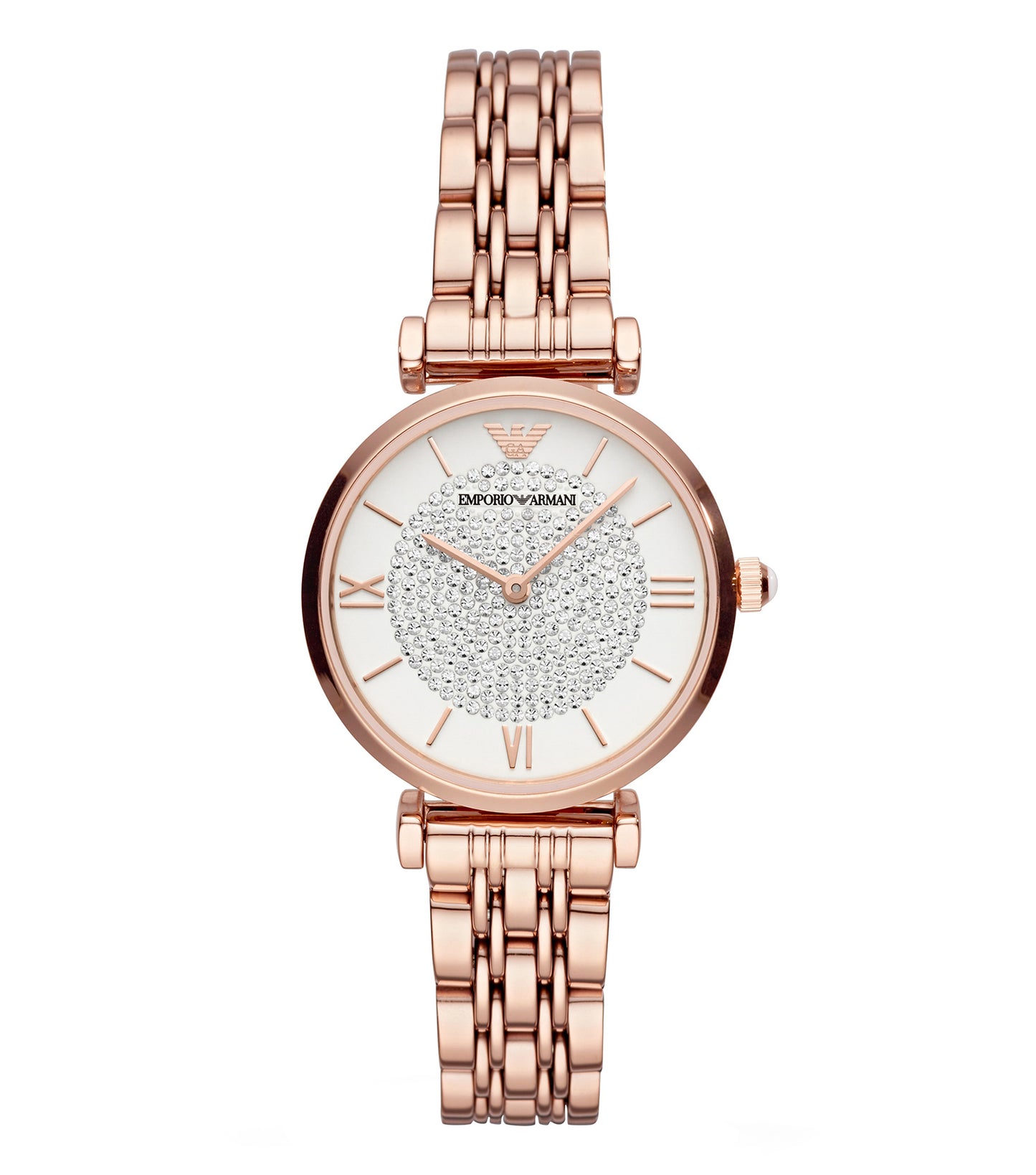 Emporio Armani monochrome watch, AR11244, face view showcasing elegant design, refined classic dial, and luxe streamline band.