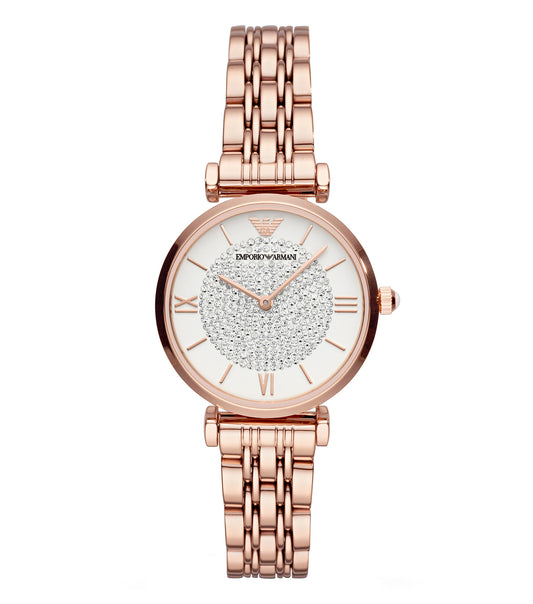 Emporio Armani monochrome watch, AR11244, face view showcasing elegant design, refined classic dial, and luxe streamline band.