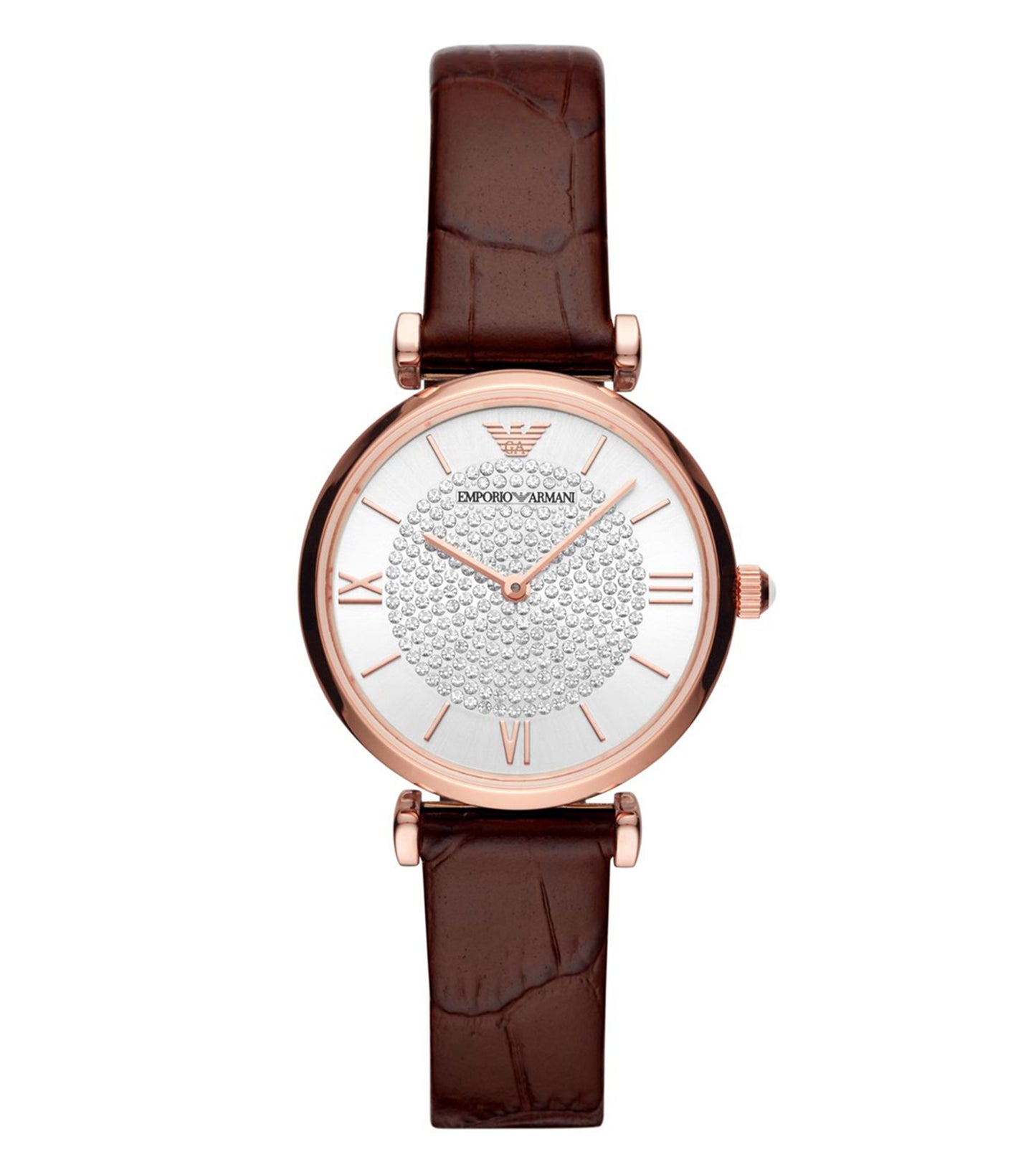 Emporio Armani sleek watch with a black face, silver accents, and minimalist design, angled for a detailed side view.