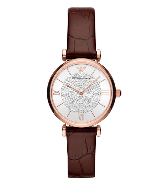 Emporio Armani sleek watch with a black face, silver accents, and minimalist design, angled for a detailed side view.