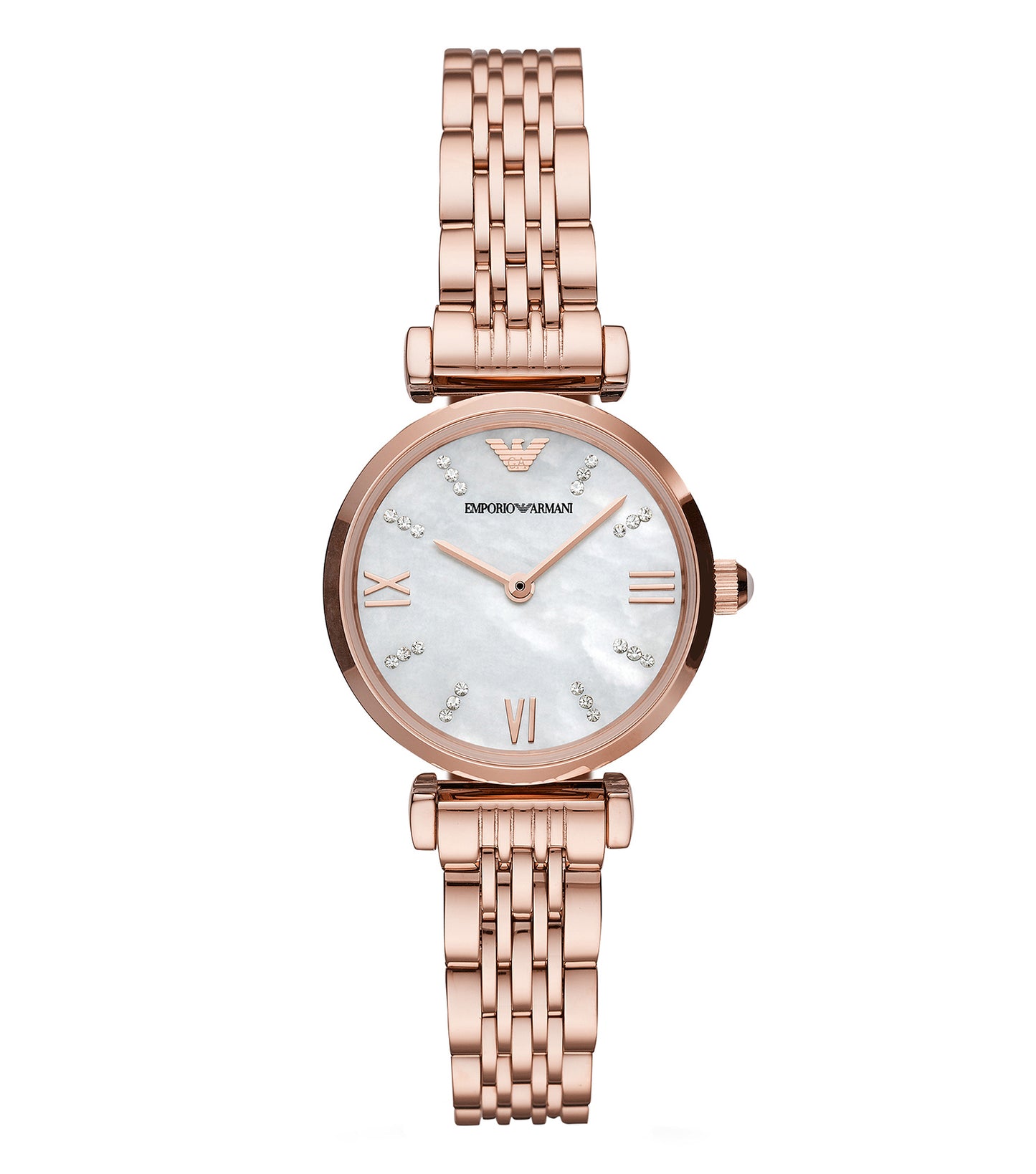 Emporio Armani single-tone watch with a sleek black dial, side angle view showcasing polished hour markers and elegant wrist strap.