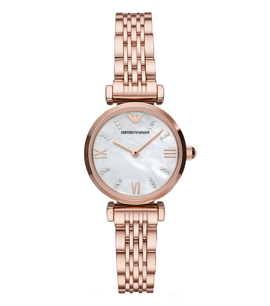 Emporio Armani single-tone watch with a sleek black dial, side angle view showcasing polished hour markers and elegant wrist strap.