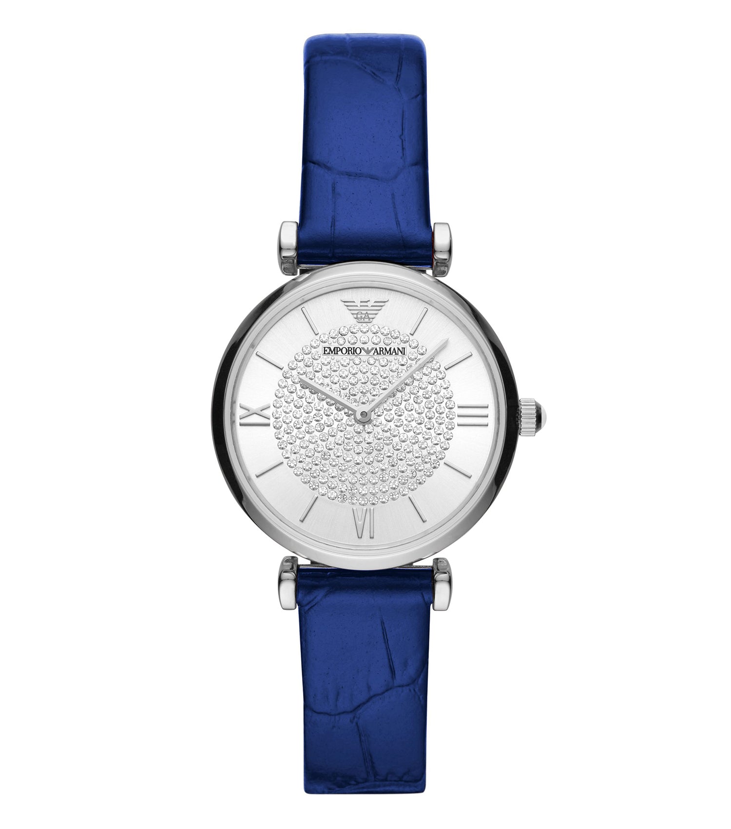 Elegant Emporio Armani silver watch, frontal view, showcasing sleek design and craftsmanship, ideal for luxury enthusiasts.