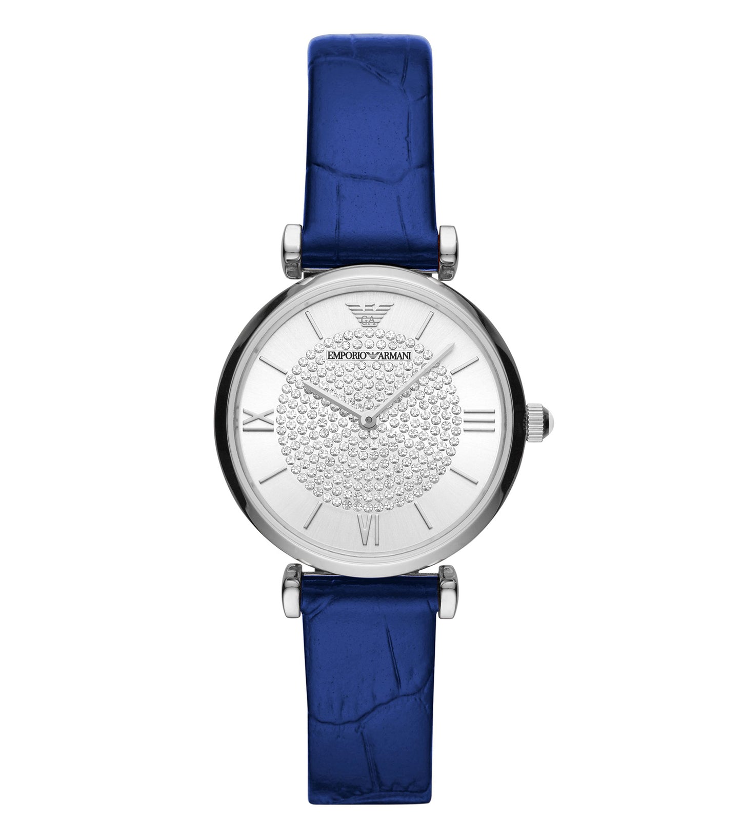 Elegant Emporio Armani silver watch, frontal view, showcasing sleek design and craftsmanship, ideal for luxury enthusiasts.