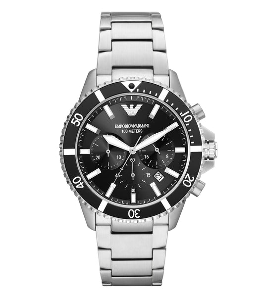 Emporio Armani quartz watch in a captivating black design, displayed at a 43-degree angle, showcasing its sleek and elegant craftsmanship.
