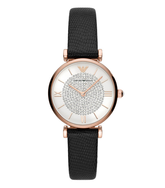 Emporio Armani men's watch AR11387 in elegant silver with a sophisticated round dial, side-on view showcasing classic design.