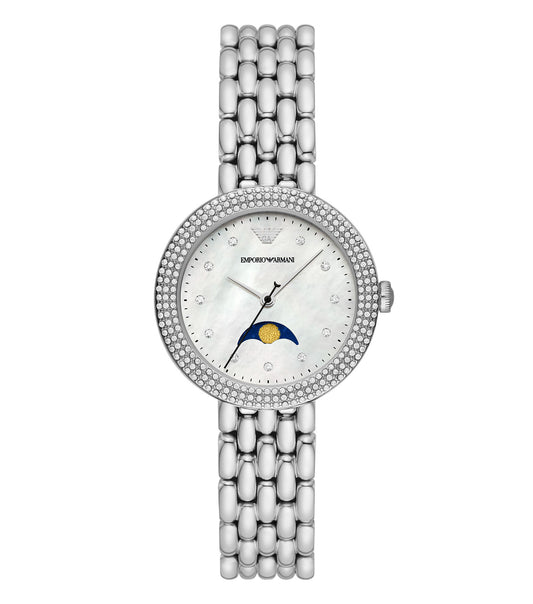 Emporio Armani rose quartz watch with elegant round dial, gleaming silver-tone bracelet, and easy-flow design, side angle view.