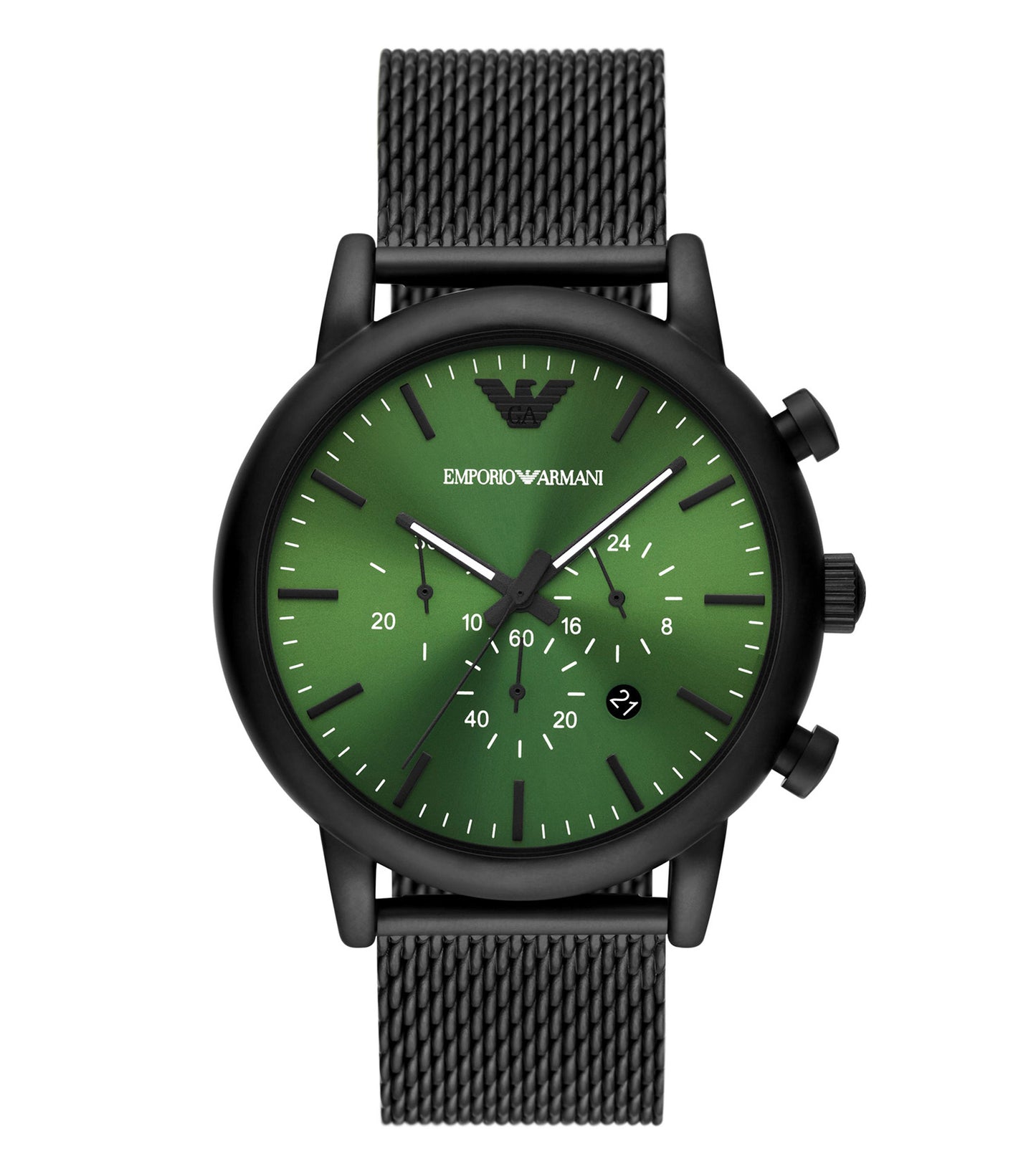 Sleek Emporio Armani watch in classic black, showing a side angle with silver accents; elegant design for timeless style.