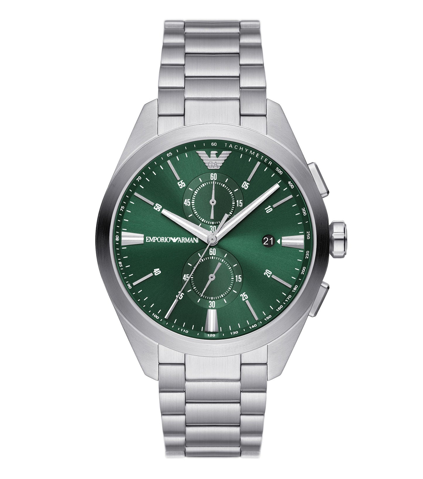 Emporio Armani silver watch with a sleek stainless steel finish, displayed at a 43-degree angle, showcasing minimalist design nuances.