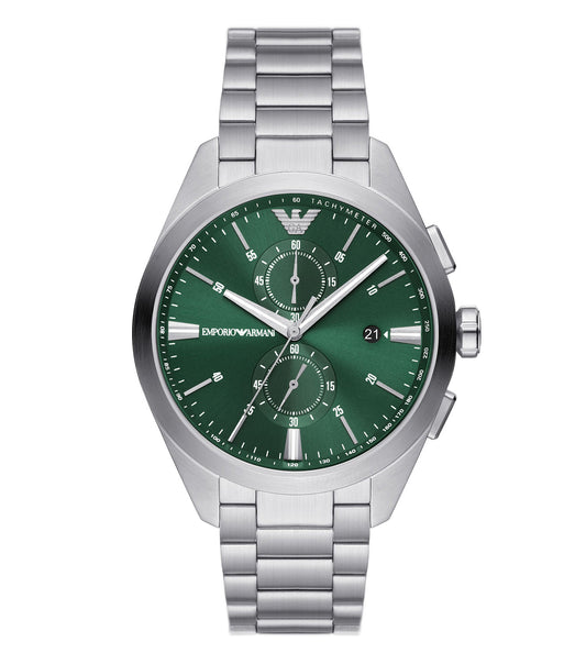 Emporio Armani silver watch with a sleek stainless steel finish, displayed at a 43-degree angle, showcasing minimalist design nuances.